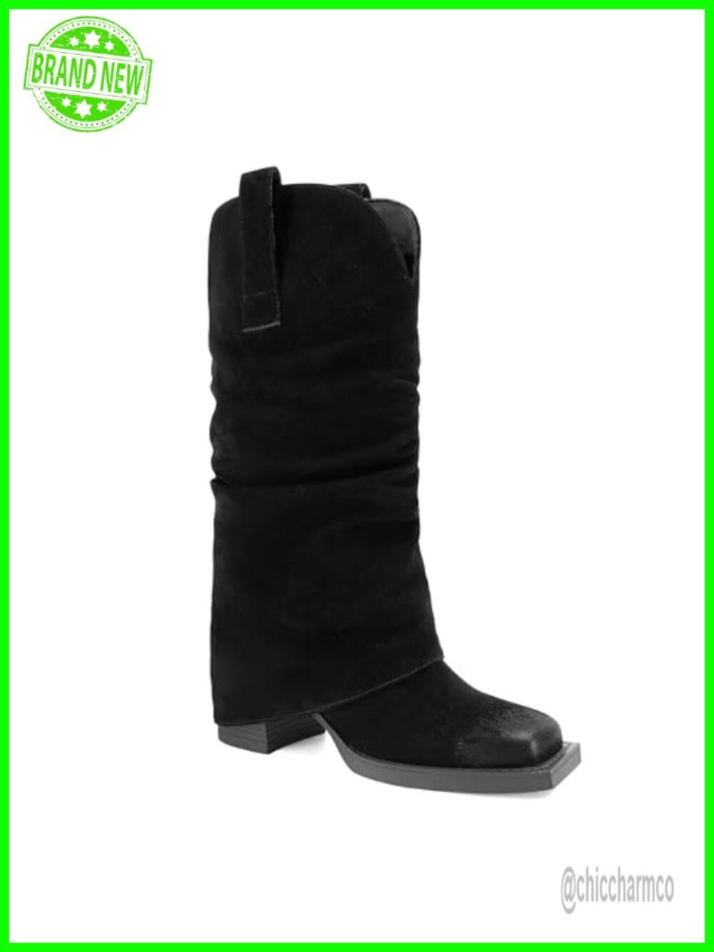 Faux Suede Fold Over Mid Calf Boots Square Toe Chunky Heel Pull On